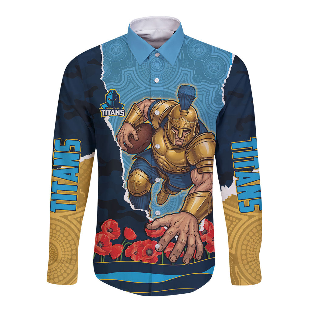 Personalized Gold Coast Titans ANZAC Tribute Long Sleeve Button Shirt Poppy Field Soldier Silhouette Aboriginal Rugby Mascot