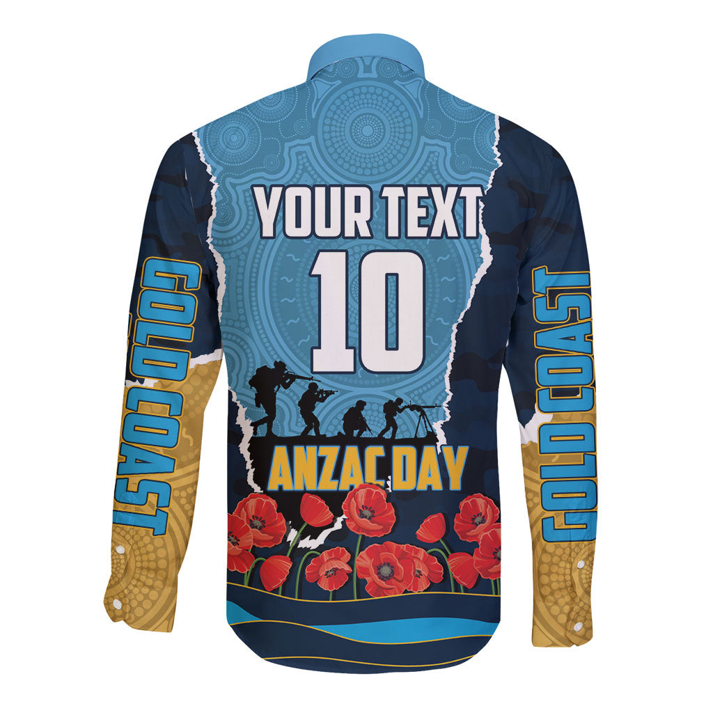 Personalized Gold Coast Titans ANZAC Tribute Long Sleeve Button Shirt Poppy Field Soldier Silhouette Aboriginal Rugby Mascot