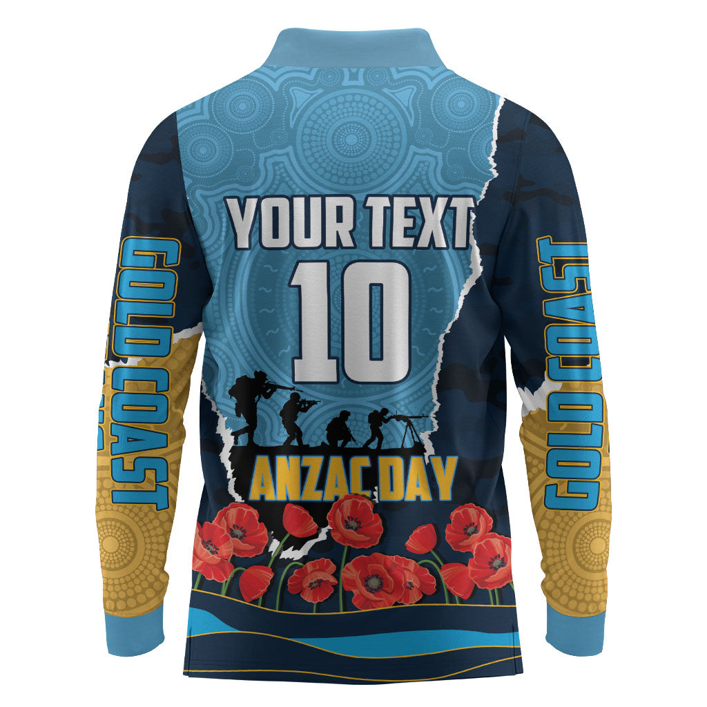 Personalized Gold Coast Titans ANZAC Tribute Long Sleeve Polo Shirt Poppy Field Soldier Silhouette Aboriginal Rugby Mascot