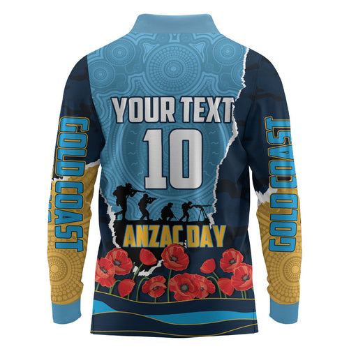 Personalized Gold Coast Titans ANZAC Tribute Long Sleeve Polo Shirt Poppy Field Soldier Silhouette Aboriginal Rugby Mascot