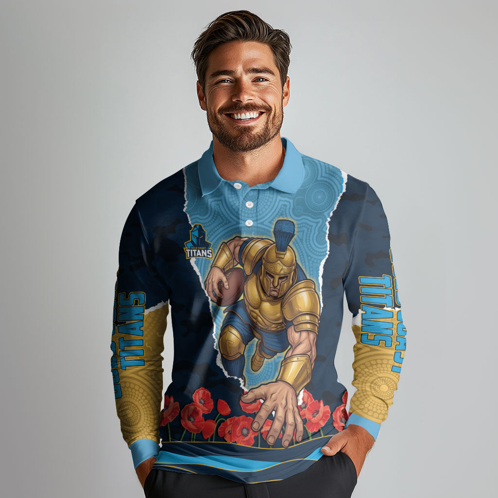 Personalized Gold Coast Titans ANZAC Tribute Long Sleeve Polo Shirt Poppy Field Soldier Silhouette Aboriginal Rugby Mascot