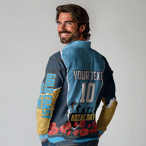 Personalized Gold Coast Titans ANZAC Tribute Long Sleeve Polo Shirt Poppy Field Soldier Silhouette Aboriginal Rugby Mascot