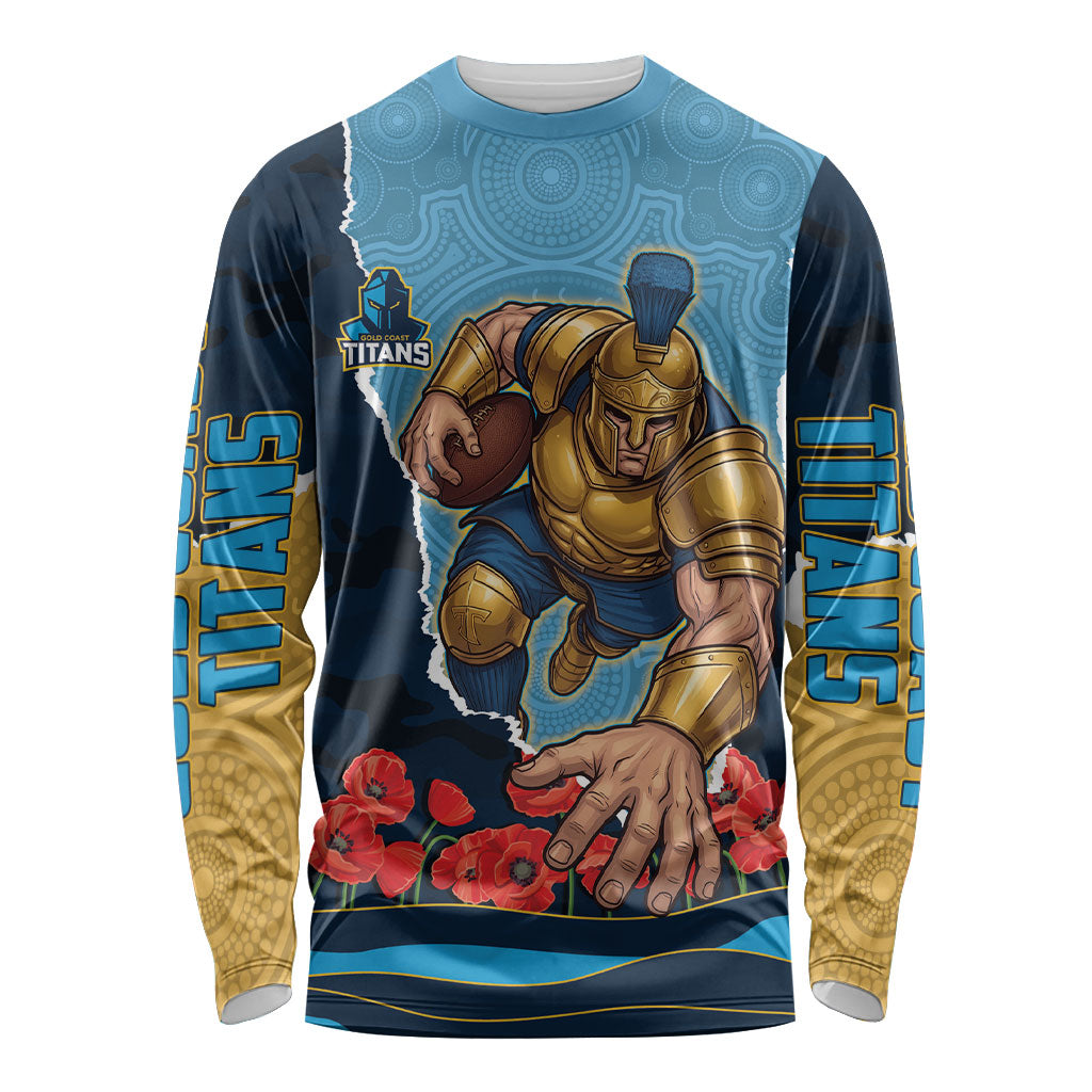 Personalized Gold Coast Titans ANZAC Tribute Long Sleeve Shirt Poppy Field Soldier Silhouette Aboriginal Rugby Mascot