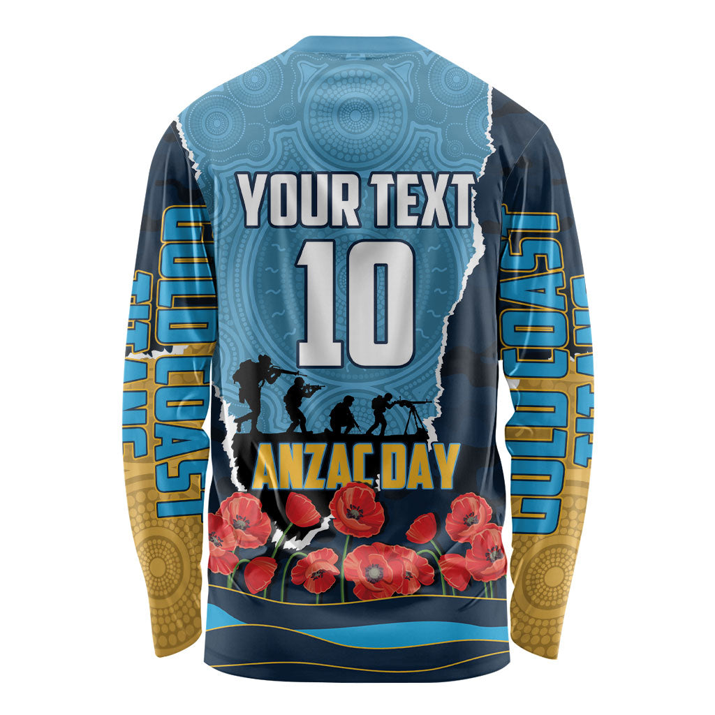 Personalized Gold Coast Titans ANZAC Tribute Long Sleeve Shirt Poppy Field Soldier Silhouette Aboriginal Rugby Mascot