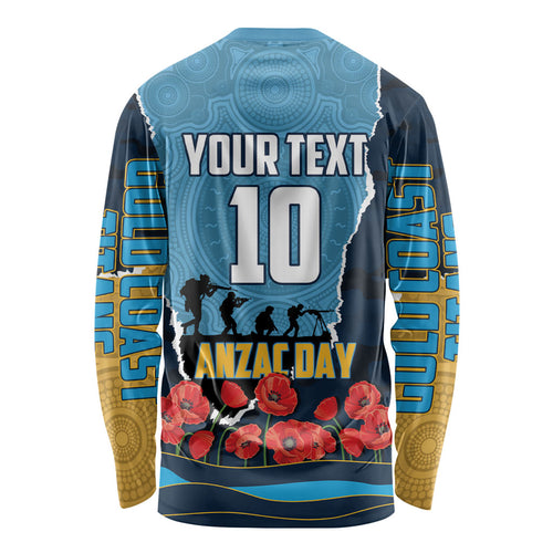 Personalized Gold Coast Titans ANZAC Tribute Long Sleeve Shirt Poppy Field Soldier Silhouette Aboriginal Rugby Mascot