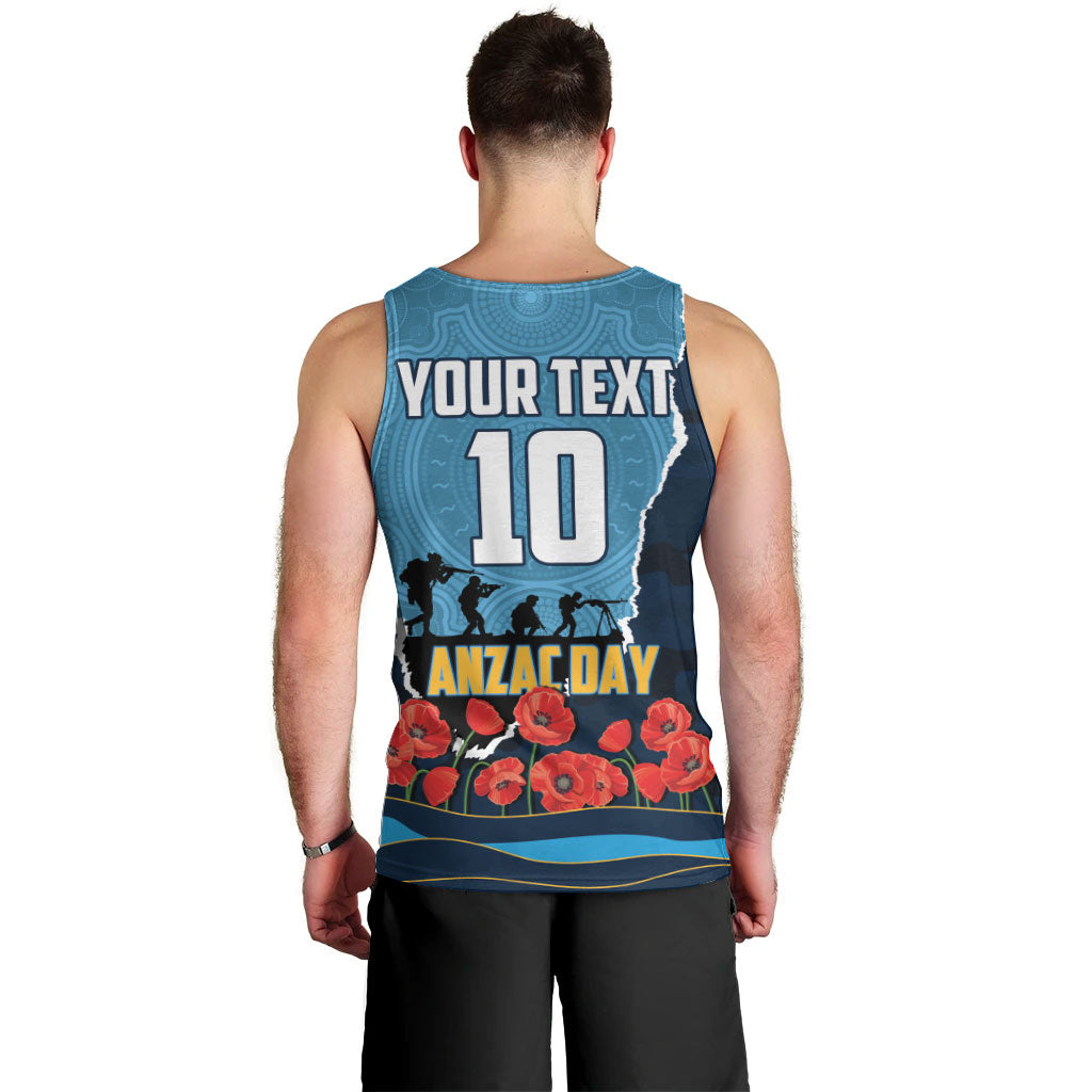 Personalized Gold Coast Titans ANZAC Tribute Men Tank Top Poppy Field Soldier Silhouette Aboriginal Rugby Mascot