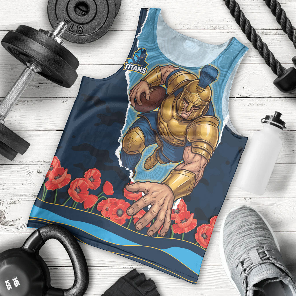 Personalized Gold Coast Titans ANZAC Tribute Men Tank Top Poppy Field Soldier Silhouette Aboriginal Rugby Mascot