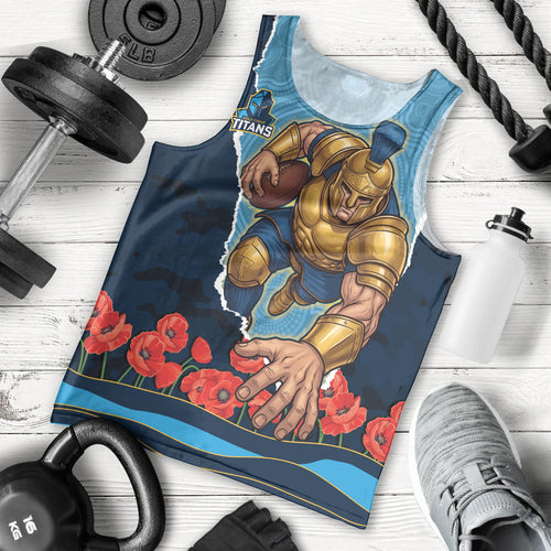 Personalized Gold Coast Titans ANZAC Tribute Men Tank Top Poppy Field Soldier Silhouette Aboriginal Rugby Mascot