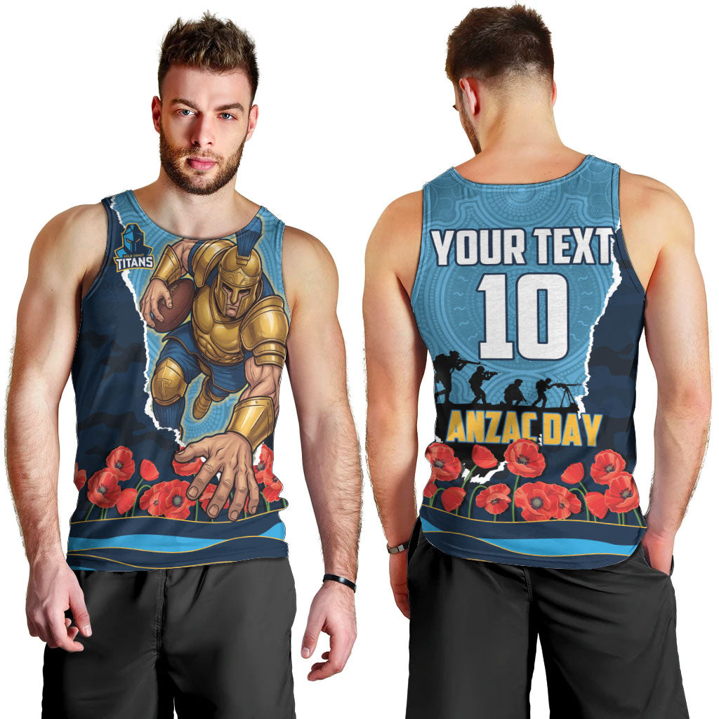 Personalized Gold Coast Titans ANZAC Tribute Men Tank Top Poppy Field Soldier Silhouette Aboriginal Rugby Mascot