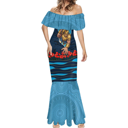 Personalized Gold Coast Titans ANZAC Tribute Mermaid Dress Poppy Field Soldier Silhouette Aboriginal Rugby Mascot