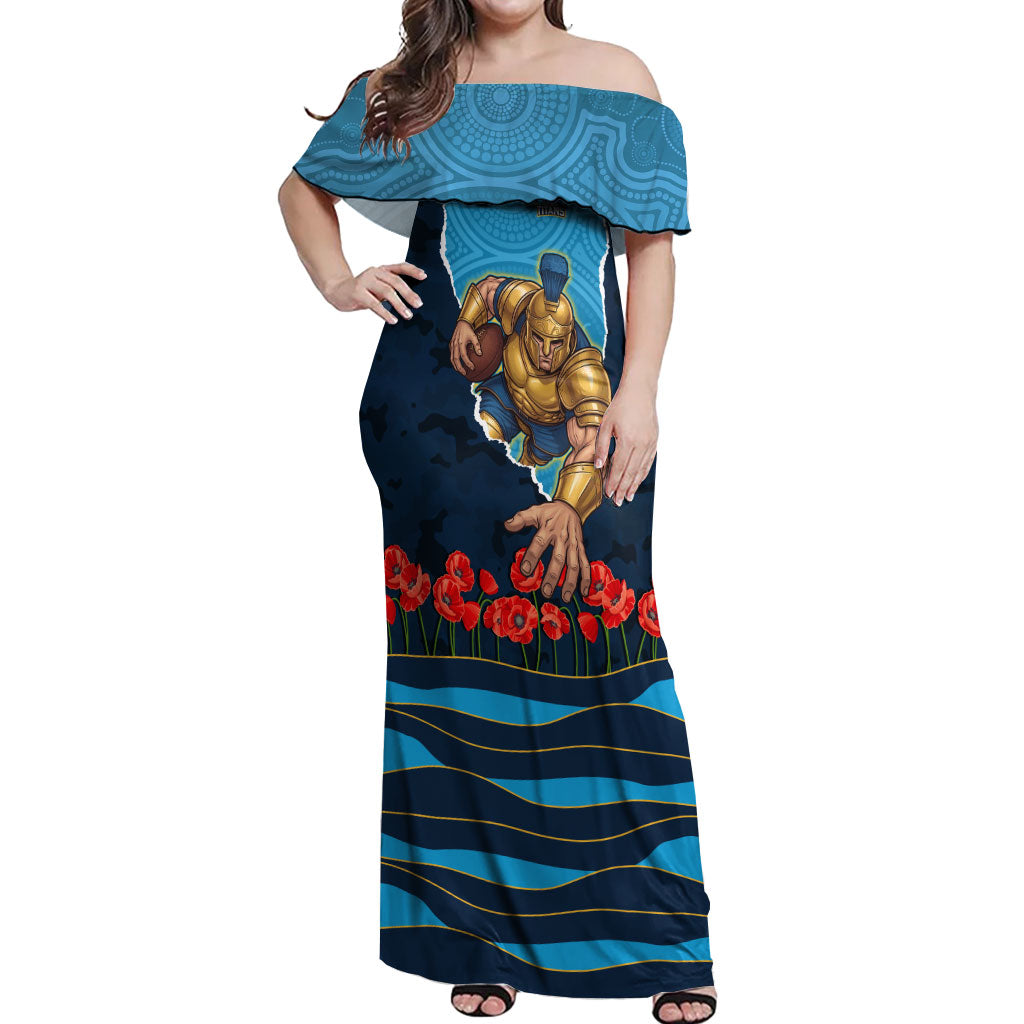 Personalized Gold Coast Titans ANZAC Tribute Off Shoulder Maxi Dress Poppy Field Soldier Silhouette Aboriginal Rugby Mascot