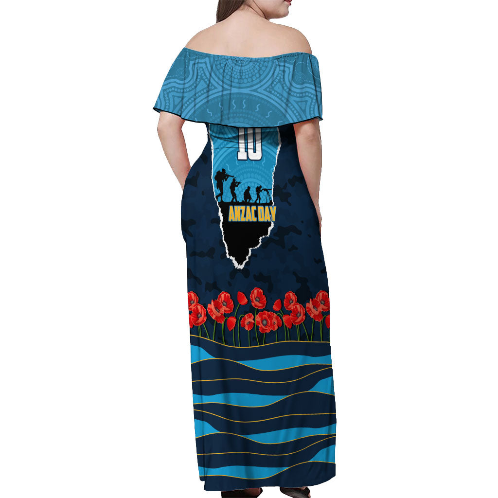 Personalized Gold Coast Titans ANZAC Tribute Off Shoulder Maxi Dress Poppy Field Soldier Silhouette Aboriginal Rugby Mascot