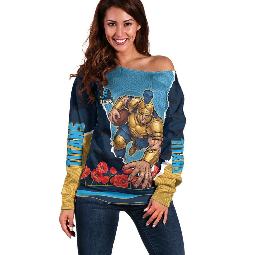 Personalized Gold Coast Titans ANZAC Tribute Off Shoulder Sweater Poppy Field Soldier Silhouette Aboriginal Rugby Mascot