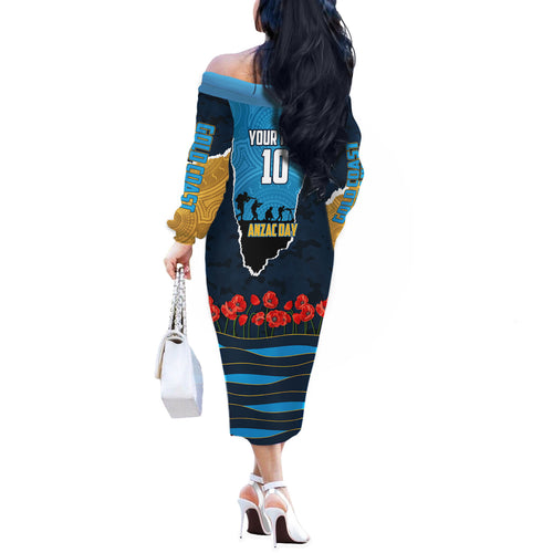 Personalized Gold Coast Titans ANZAC Tribute Off The Shoulder Long Sleeve Dress Poppy Field Soldier Silhouette Aboriginal Rugby Mascot