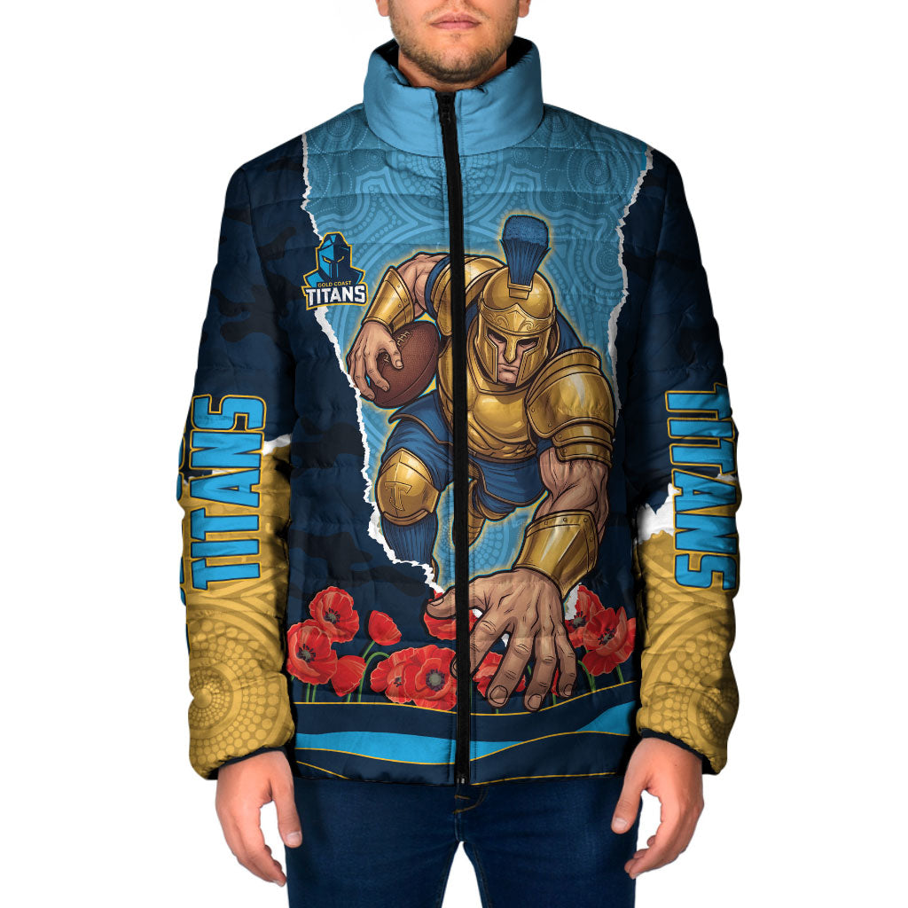 Personalized Gold Coast Titans ANZAC Tribute Padded Jacket Poppy Field Soldier Silhouette Aboriginal Rugby Mascot