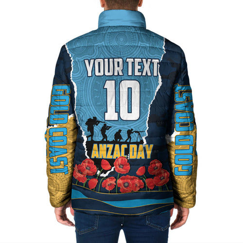 Personalized Gold Coast Titans ANZAC Tribute Padded Jacket Poppy Field Soldier Silhouette Aboriginal Rugby Mascot