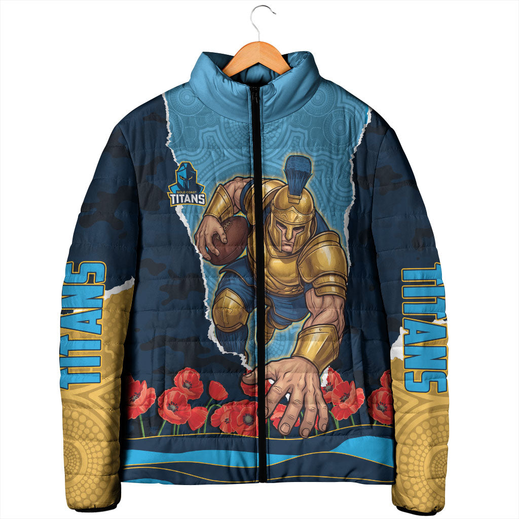 Personalized Gold Coast Titans ANZAC Tribute Padded Jacket Poppy Field Soldier Silhouette Aboriginal Rugby Mascot