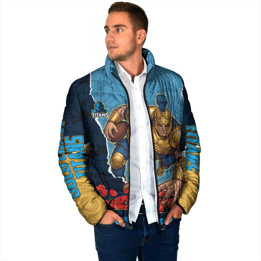 Personalized Gold Coast Titans ANZAC Tribute Padded Jacket Poppy Field Soldier Silhouette Aboriginal Rugby Mascot