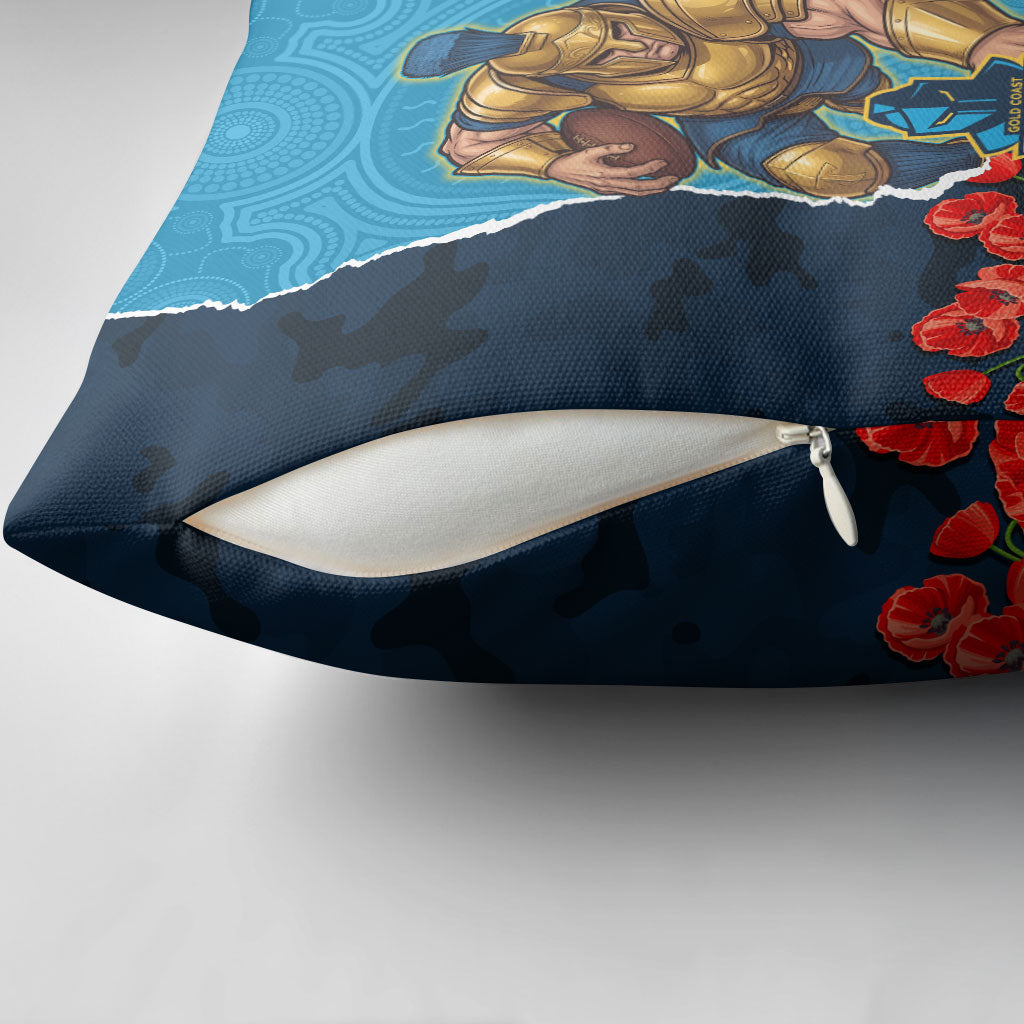 Personalized Gold Coast Titans ANZAC Tribute Pillow Cover Poppy Field Soldier Silhouette Aboriginal Rugby Mascot