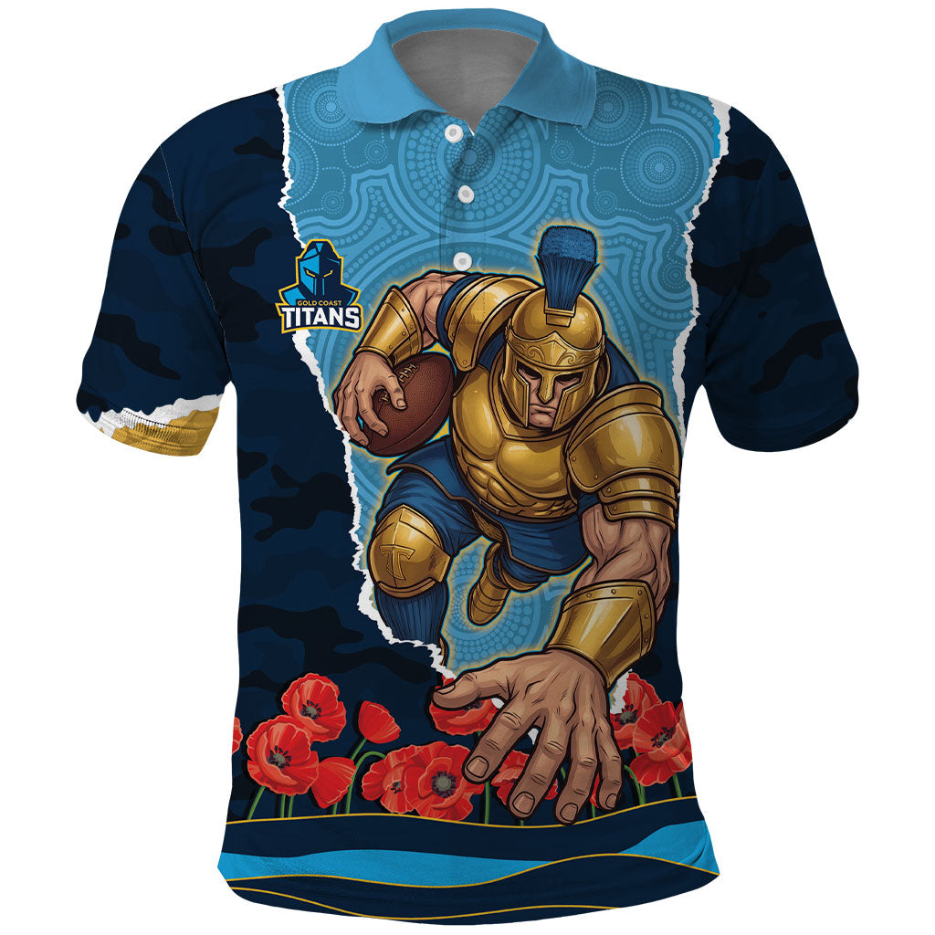 Personalized Gold Coast Titans ANZAC Tribute Polo Shirt Poppy Field Soldier Silhouette Aboriginal Rugby Mascot