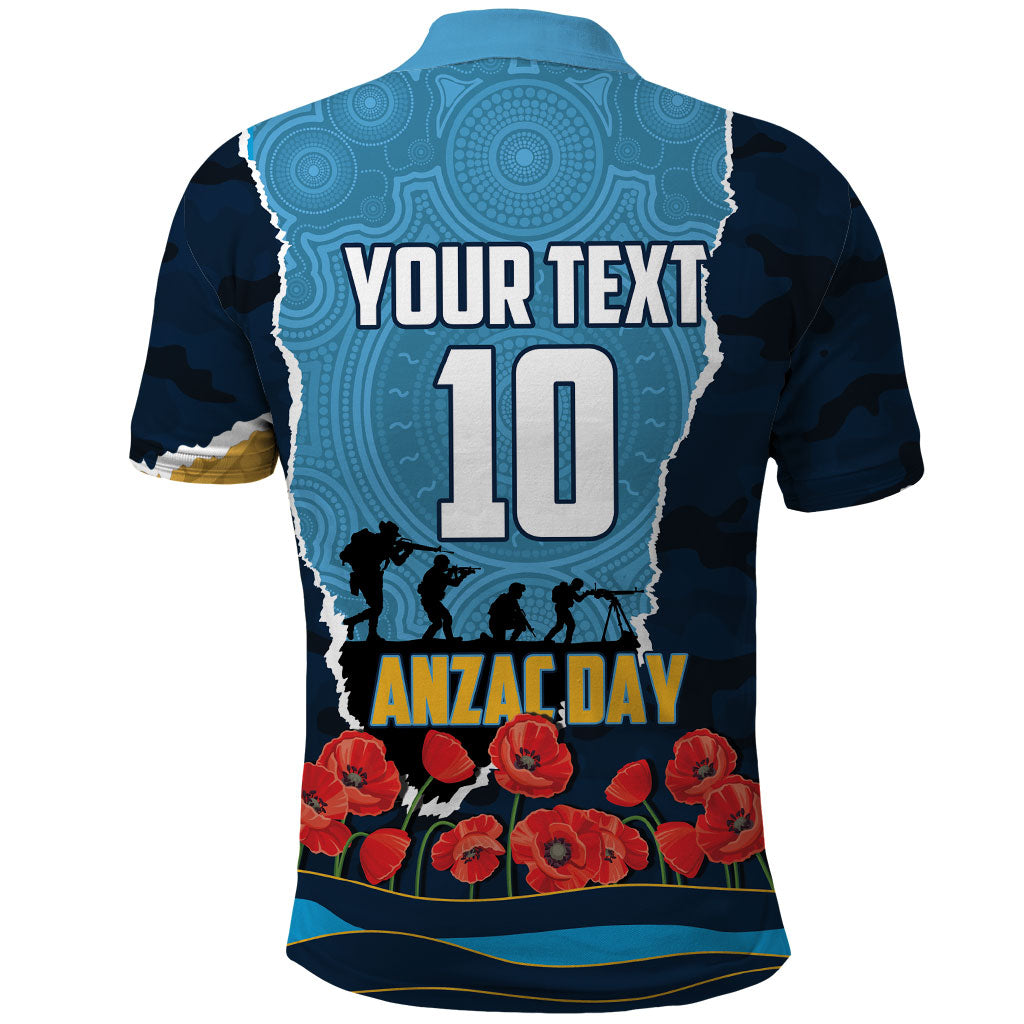Personalized Gold Coast Titans ANZAC Tribute Polo Shirt Poppy Field Soldier Silhouette Aboriginal Rugby Mascot
