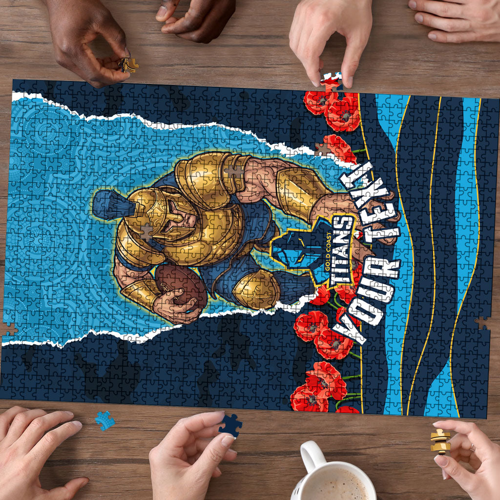 Personalized Gold Coast Titans ANZAC Tribute Puzzle Poppy Field Soldier Silhouette Aboriginal Rugby Mascot