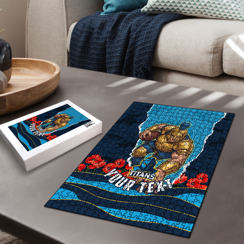 Personalized Gold Coast Titans ANZAC Tribute Puzzle Poppy Field Soldier Silhouette Aboriginal Rugby Mascot