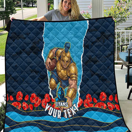 Personalized Gold Coast Titans ANZAC Tribute Quilt Poppy Field Soldier Silhouette Aboriginal Rugby Mascot
