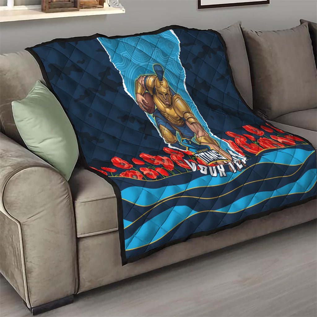 Personalized Gold Coast Titans ANZAC Tribute Quilt Poppy Field Soldier Silhouette Aboriginal Rugby Mascot