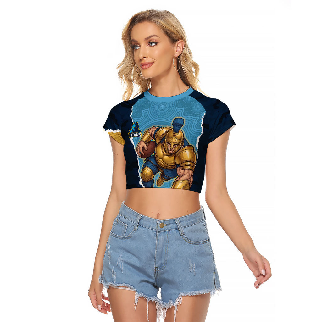 Personalized Gold Coast Titans ANZAC Tribute Raglan Cropped T Shirt Poppy Field Soldier Silhouette Aboriginal Rugby Mascot