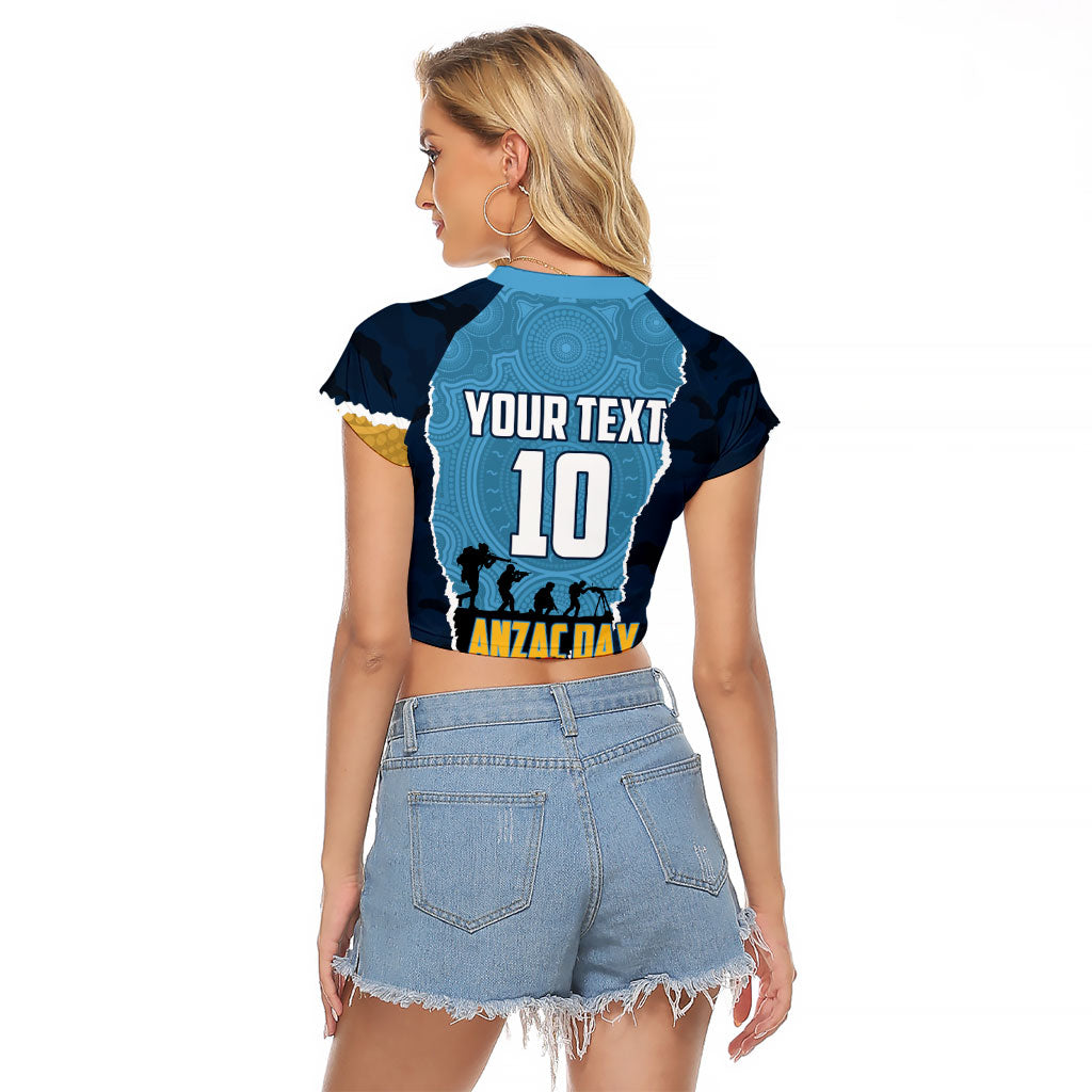 Personalized Gold Coast Titans ANZAC Tribute Raglan Cropped T Shirt Poppy Field Soldier Silhouette Aboriginal Rugby Mascot