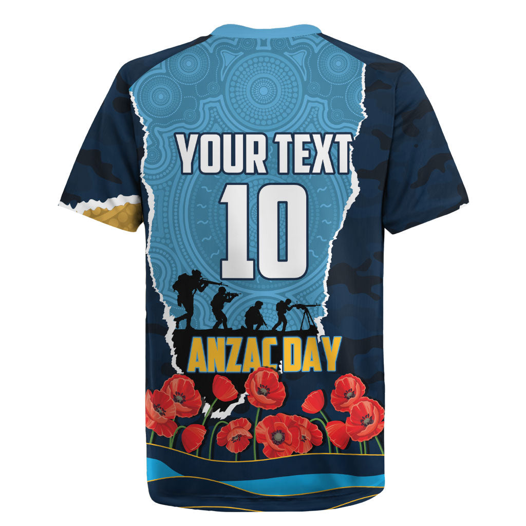 Personalized Gold Coast Titans ANZAC Tribute Rugby Jersey Poppy Field Soldier Silhouette Aboriginal Rugby Mascot