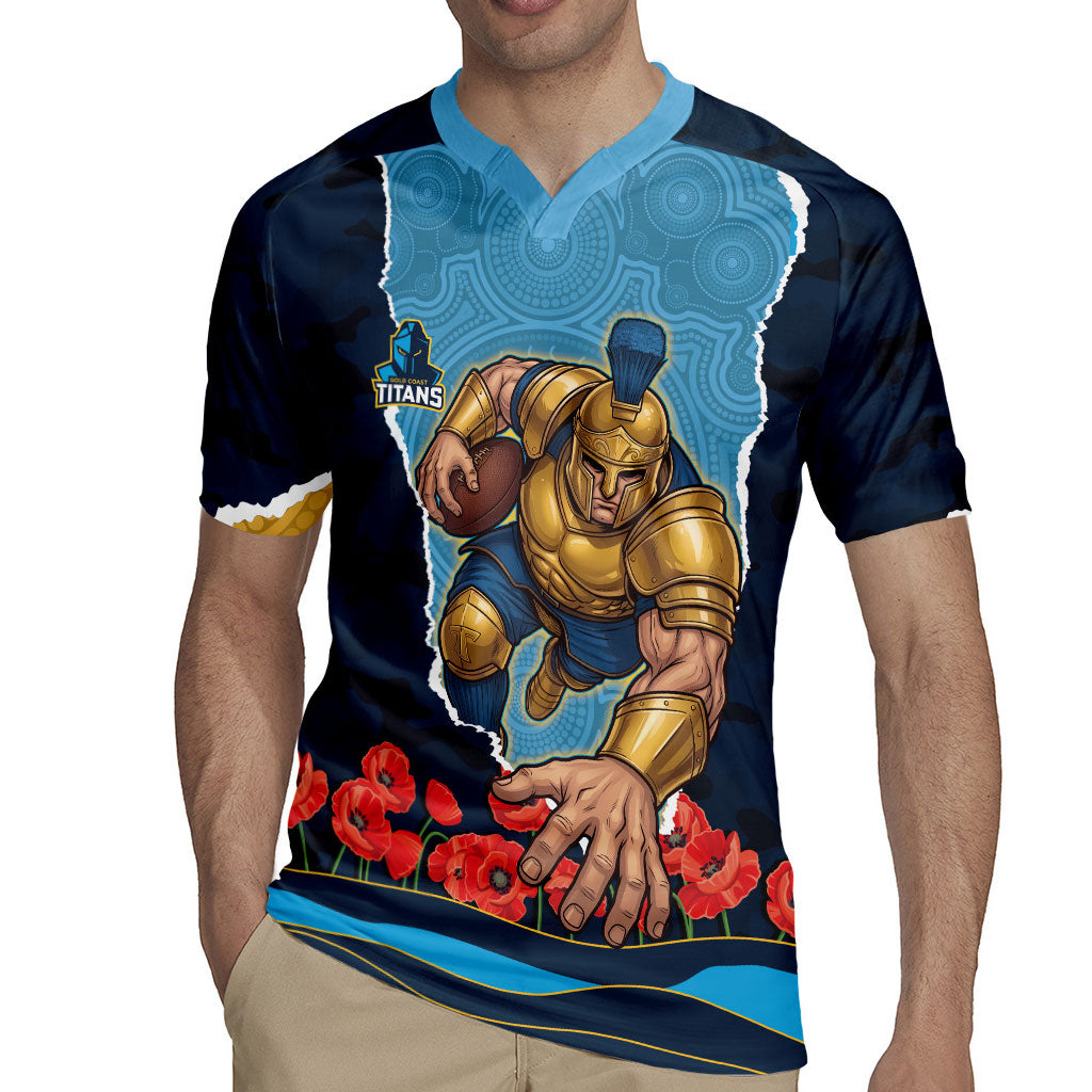 Personalized Gold Coast Titans ANZAC Tribute Rugby Jersey Poppy Field Soldier Silhouette Aboriginal Rugby Mascot