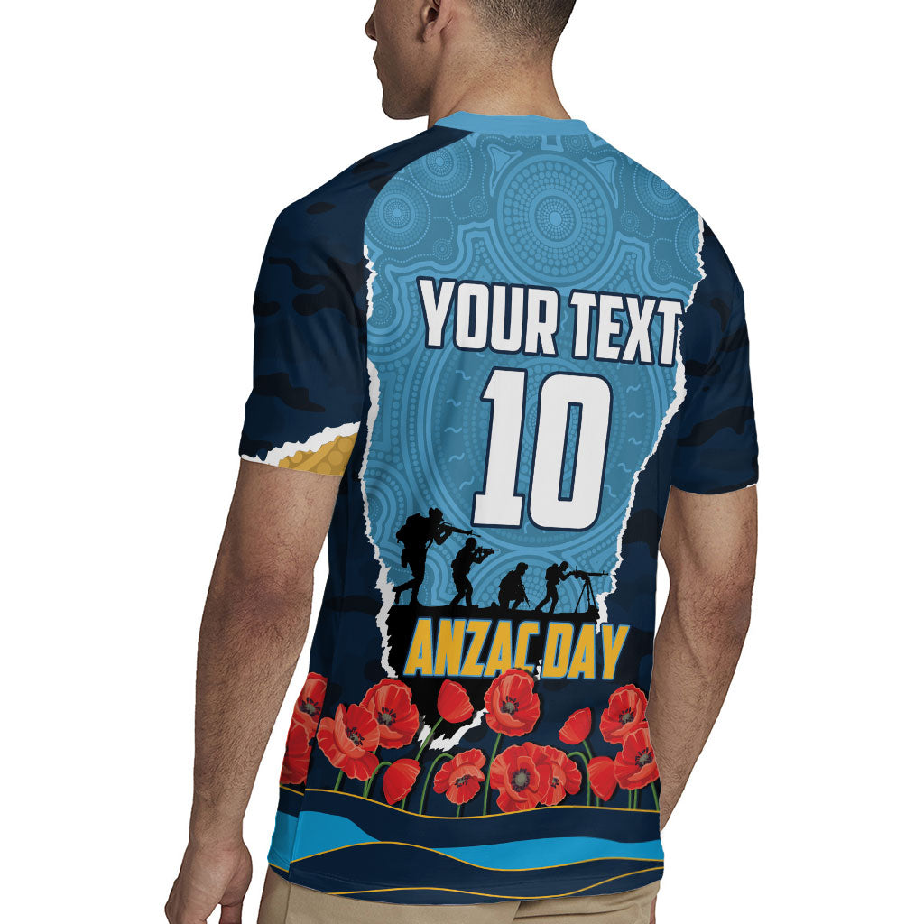 Personalized Gold Coast Titans ANZAC Tribute Rugby Jersey Poppy Field Soldier Silhouette Aboriginal Rugby Mascot