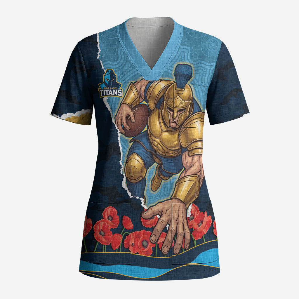 Personalized Gold Coast Titans ANZAC Tribute Scrub Top Poppy Field Soldier Silhouette Aboriginal Rugby Mascot