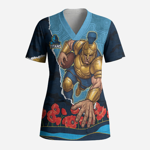 Personalized Gold Coast Titans ANZAC Tribute Scrub Top Poppy Field Soldier Silhouette Aboriginal Rugby Mascot