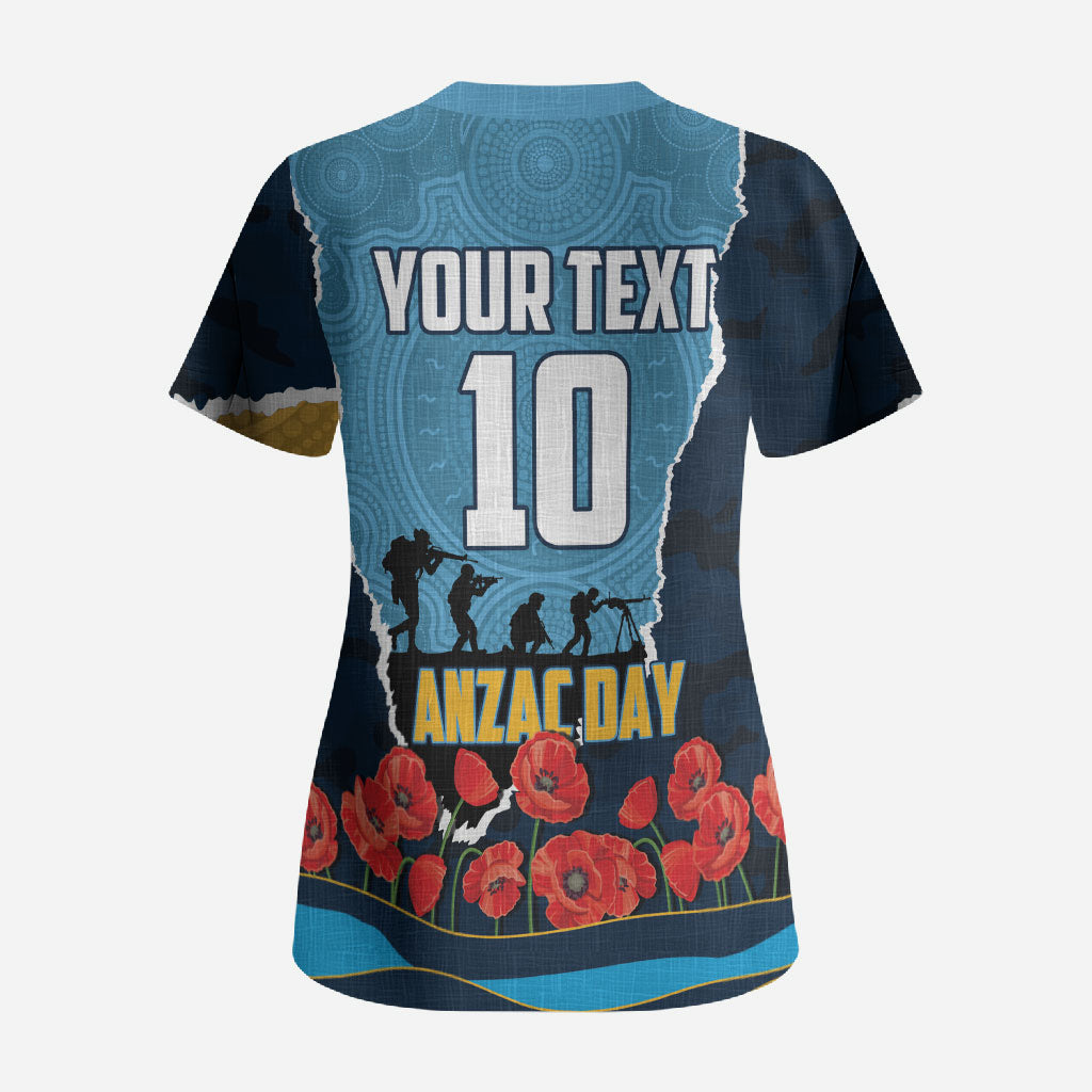 Personalized Gold Coast Titans ANZAC Tribute Scrub Top Poppy Field Soldier Silhouette Aboriginal Rugby Mascot