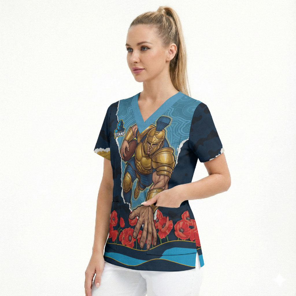 Personalized Gold Coast Titans ANZAC Tribute Scrub Top Poppy Field Soldier Silhouette Aboriginal Rugby Mascot