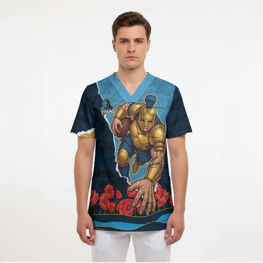 Personalized Gold Coast Titans ANZAC Tribute Scrub Top Poppy Field Soldier Silhouette Aboriginal Rugby Mascot