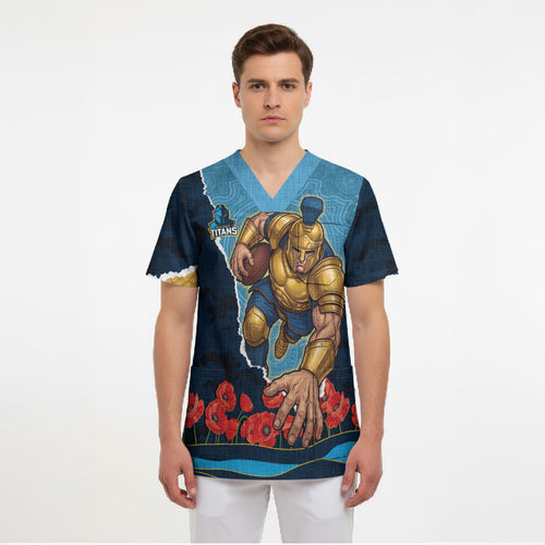 Personalized Gold Coast Titans ANZAC Tribute Scrub Top Poppy Field Soldier Silhouette Aboriginal Rugby Mascot