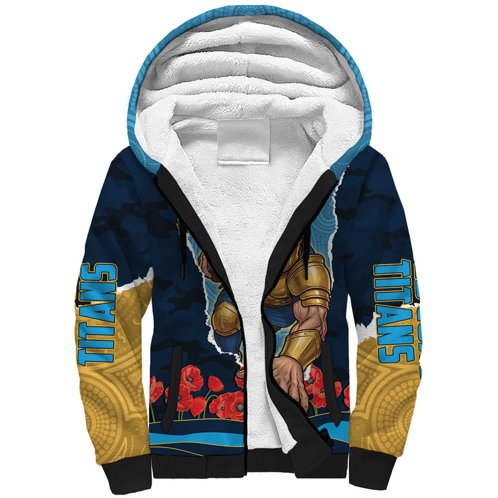 Personalized Gold Coast Titans ANZAC Tribute Sherpa Hoodie Poppy Field Soldier Silhouette Aboriginal Rugby Mascot