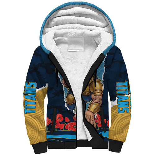 Personalized Gold Coast Titans ANZAC Tribute Sherpa Hoodie Poppy Field Soldier Silhouette Aboriginal Rugby Mascot