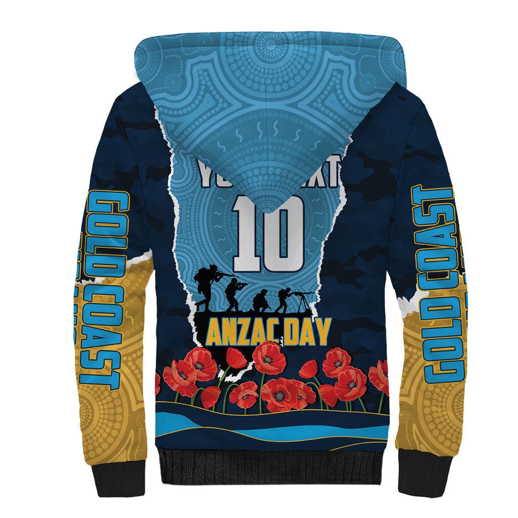 Personalized Gold Coast Titans ANZAC Tribute Sherpa Hoodie Poppy Field Soldier Silhouette Aboriginal Rugby Mascot