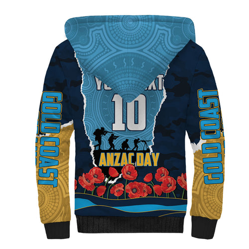 Personalized Gold Coast Titans ANZAC Tribute Sherpa Hoodie Poppy Field Soldier Silhouette Aboriginal Rugby Mascot