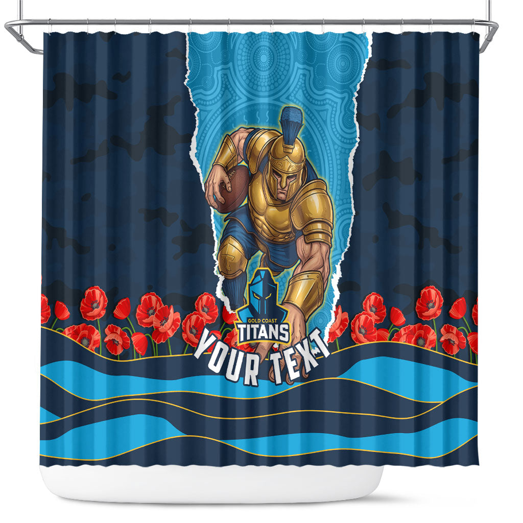 Personalized Gold Coast Titans ANZAC Tribute Shower Curtain Poppy Field Soldier Silhouette Aboriginal Rugby Mascot
