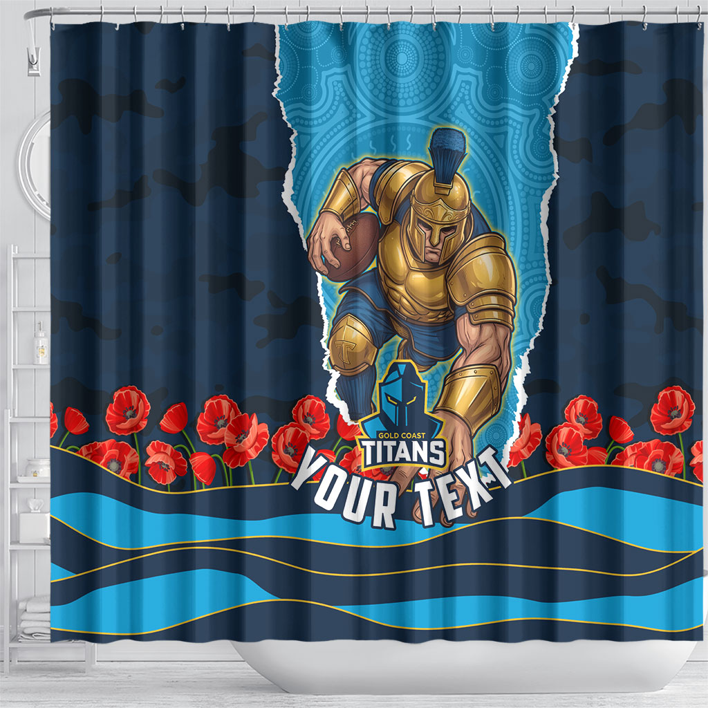 Personalized Gold Coast Titans ANZAC Tribute Shower Curtain Poppy Field Soldier Silhouette Aboriginal Rugby Mascot