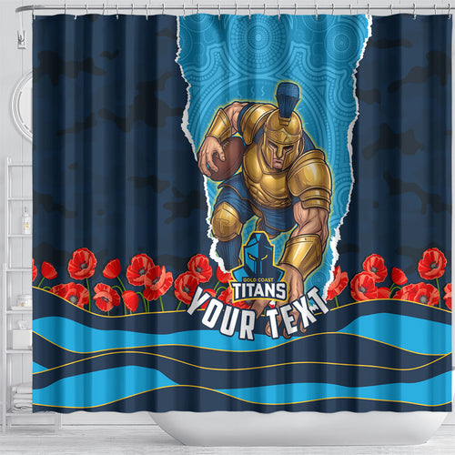 Personalized Gold Coast Titans ANZAC Tribute Shower Curtain Poppy Field Soldier Silhouette Aboriginal Rugby Mascot
