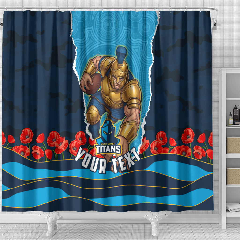 Personalized Gold Coast Titans ANZAC Tribute Shower Curtain Poppy Field Soldier Silhouette Aboriginal Rugby Mascot