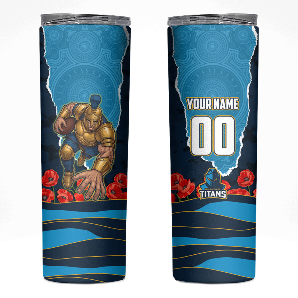 Personalized Gold Coast Titans ANZAC Tribute Skinny Tumbler Poppy Field Soldier Silhouette Aboriginal Rugby Mascot