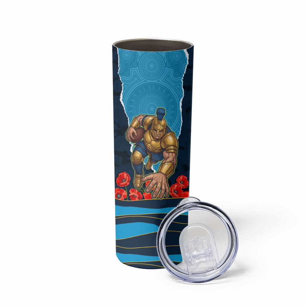 Personalized Gold Coast Titans ANZAC Tribute Skinny Tumbler Poppy Field Soldier Silhouette Aboriginal Rugby Mascot